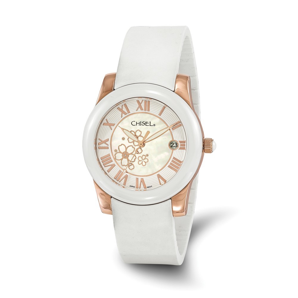 Ladies Chisel Rose IP-plated Floral Dial White Strap Wrist Watch 8.25 in Length